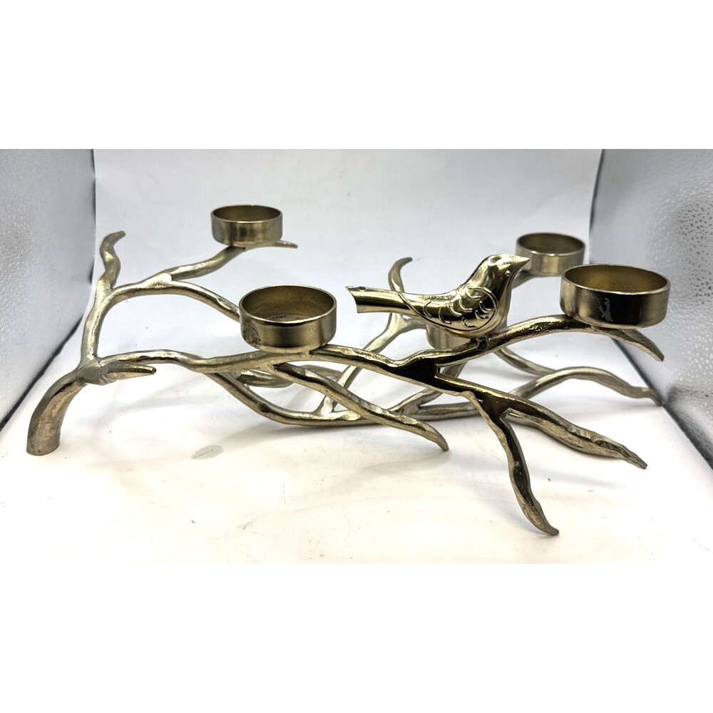Brass Metal Tree Branch Centerpiece Candelabra Candle Holder 5 Tea Lights Bird